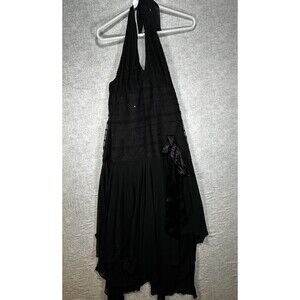 K Studio Y2K Dress Sz 8 Halter Open Back Drop Waist Sequin Mesh Asymmetrical Hem